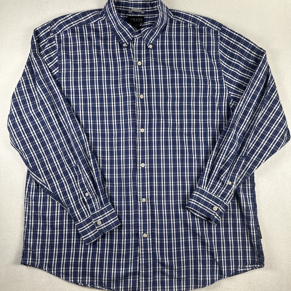 Chaps Performance Mens XL Long Sleeve Plaid Button-Down Shirt Cotton Blue